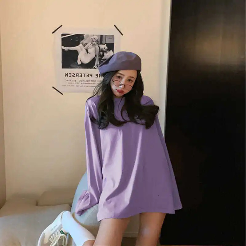 100%cotton Summer Tee T Shirt Women Kawaii T-Shirts Women Autumn Solid Simple Oversized Tshirt White Long Sleeve Tops 240820