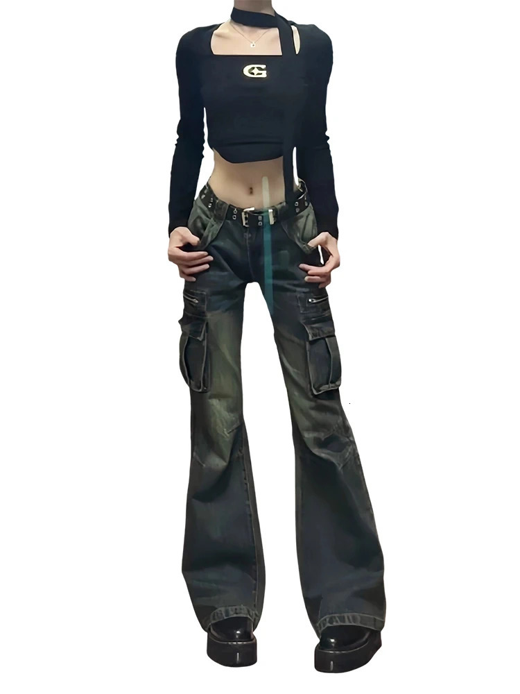 Women Blue Cargo Jeans Harajuku Y2k Japanese 2000s Style Baggy Denim Trousers Aesthetic Vintage Trashy Oversize Jean Pants 240806