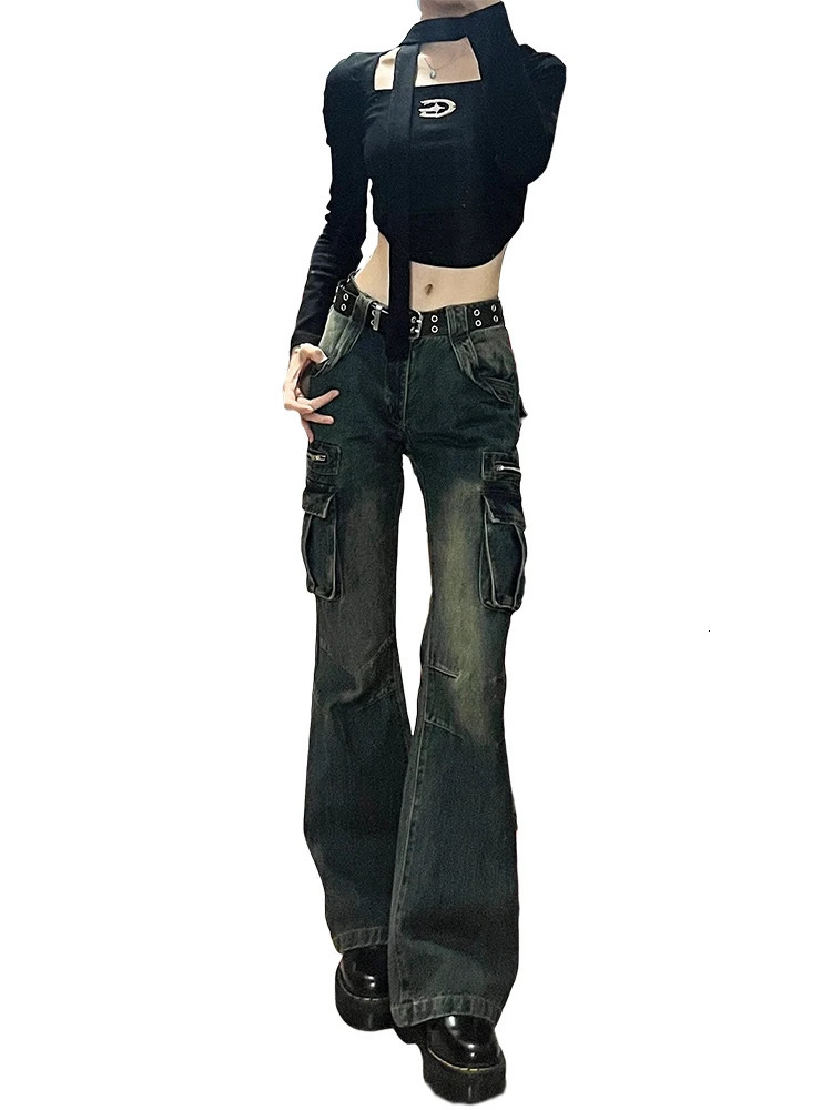 Women Blue Cargo Jeans Harajuku Y2k Japanese 2000s Style Baggy Denim Trousers Aesthetic Vintage Trashy Oversize Jean Pants 240806