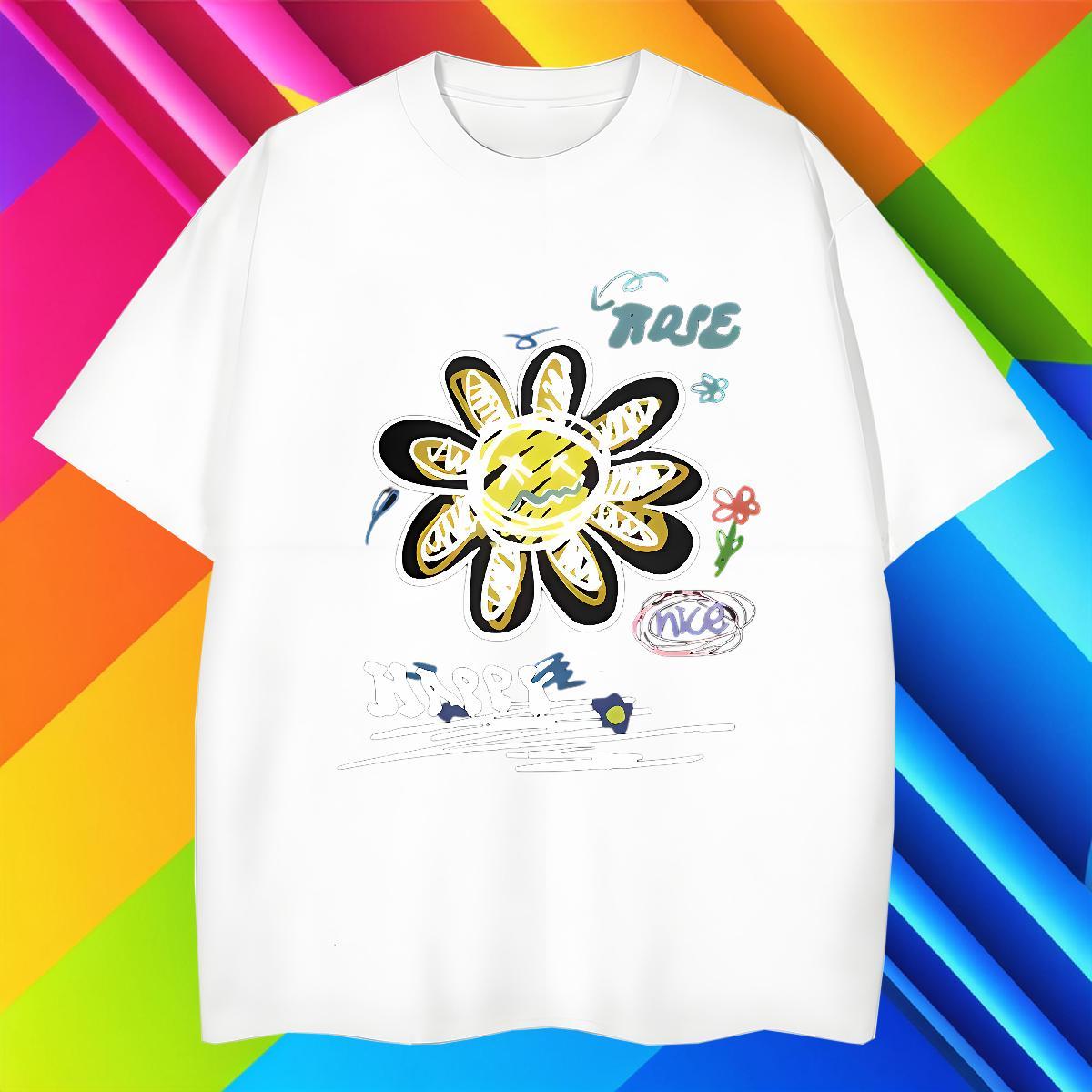 Fashion New T-Shirts for Men 230g Pure Cotton flower Street Casual Tees Shirts Round Neck Short Sleeve Brand Tshirt for Man Woman Asian Size