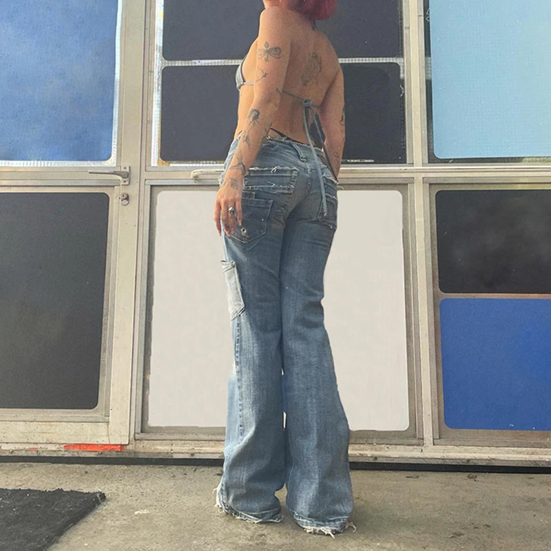 Y2K Aesthetics Vintage Low Waist Trousers 2000s Retro Star Pattern Pockets Jeans Korean Streetwear Harajuku Grunge Pants Clothes 240806