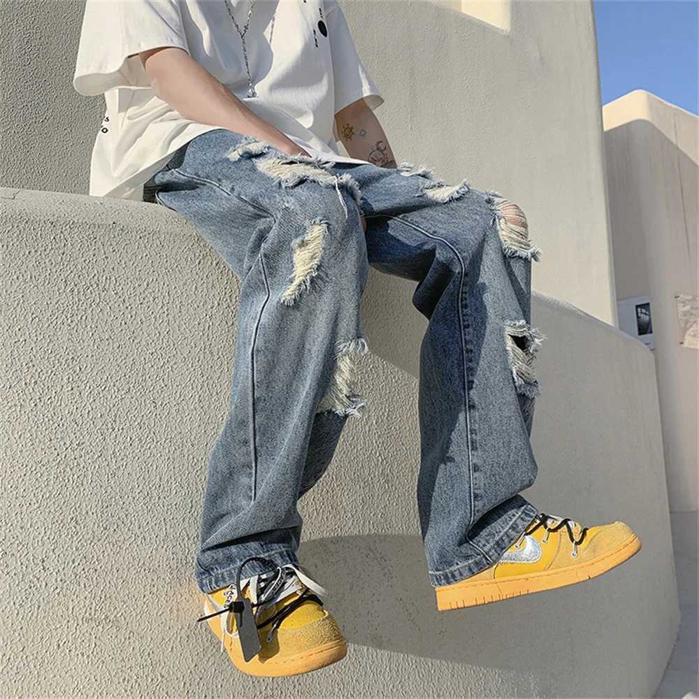 Summer Blue Black Ripped Jeans Men Fashion Casual Wide Leg Jeans Mens Streetwear Loose Hip Hop Straight Hole Denim Pants Men M250610