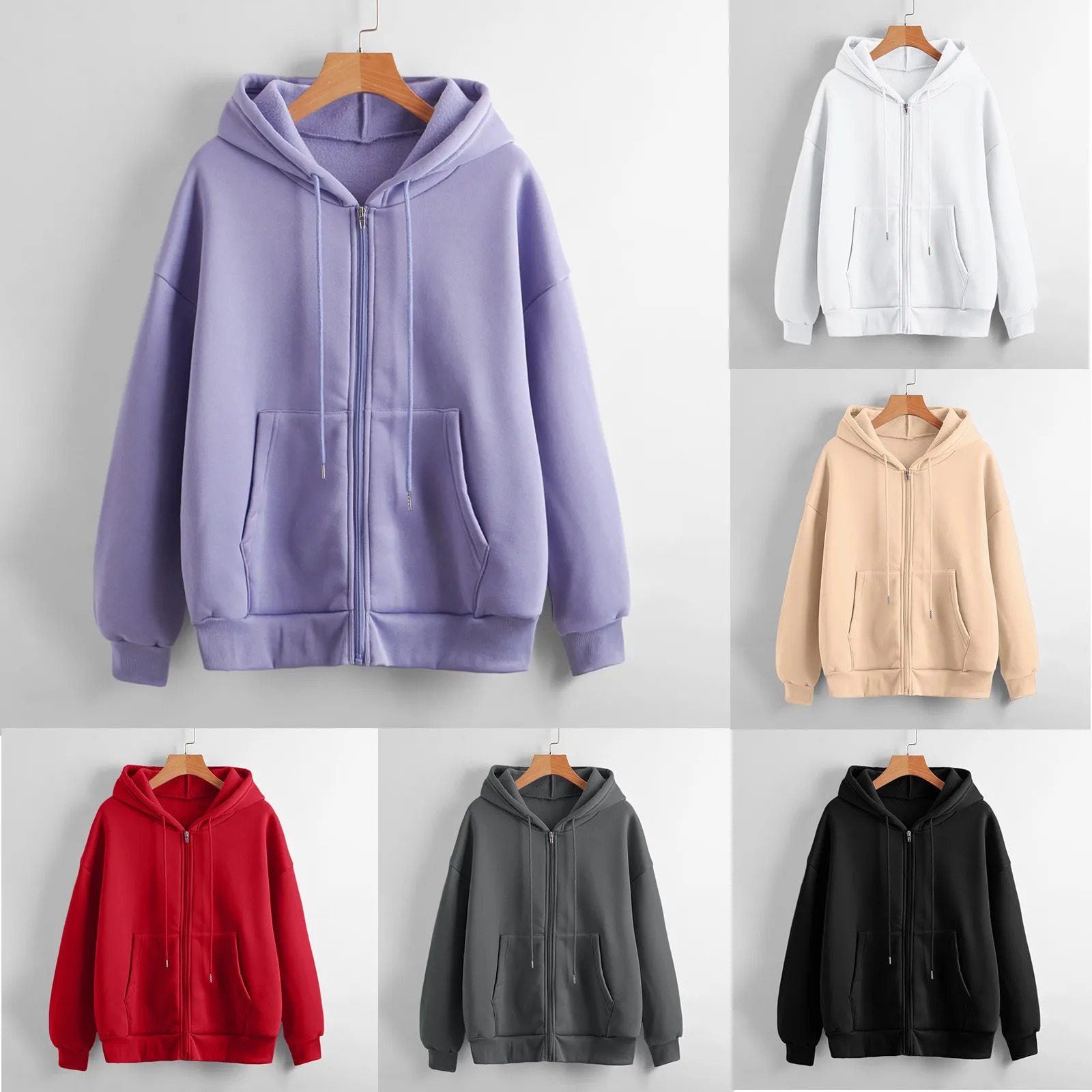 Autumn Women Sweatshirt Hoodies Spring Fashion Casual Cardigan Drawstring Sweatshirts Korean Style Solid Zip Up Hoodies 240812