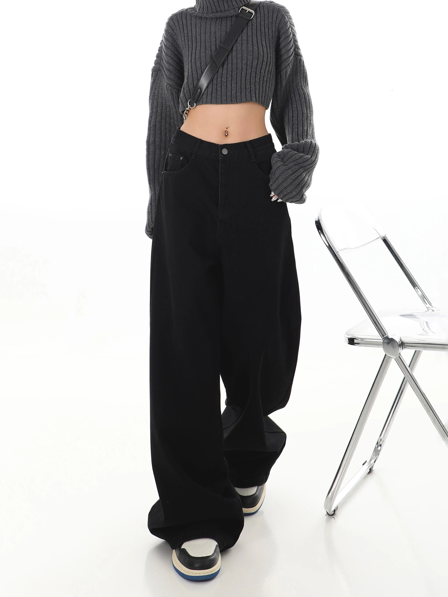 WCFCX STUDIOY2K Black Jeans for Women Korean Fashion Streetwear High Waist Wide Leg Denim Pants Female Baggy Straight Trouser 240806