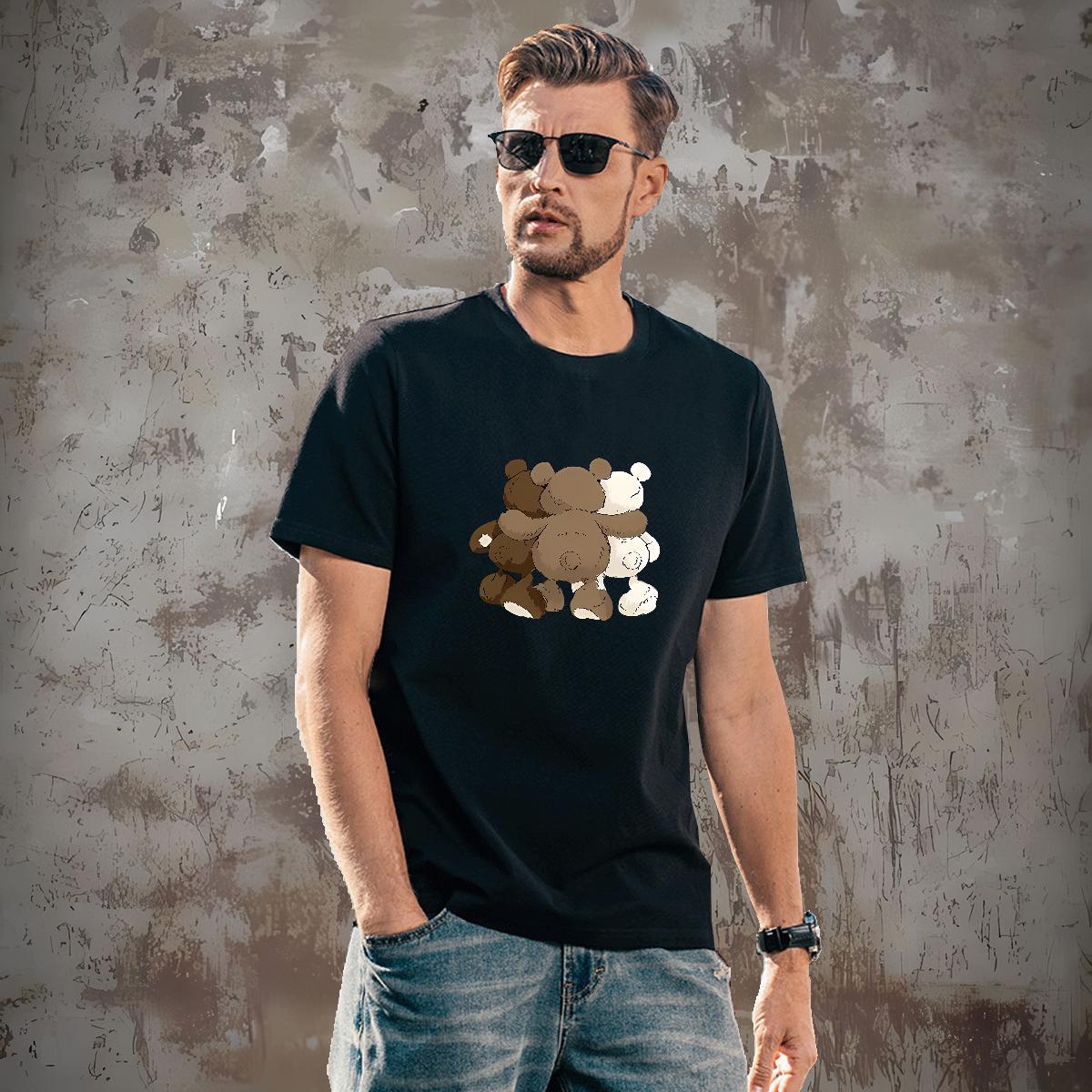 Fashion T-Shirts 230g Cotton bear Street Casual Top Tees O-Neck Short Sleeve Loose Fit Men Clothes T-Shirt Black Oversized