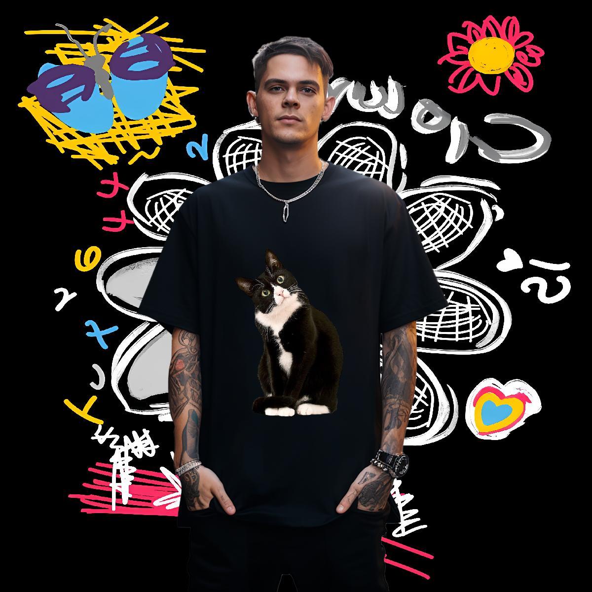 T Shirt For Man 230g 100% Cotton cat High Street Hip Hop Breathable Short Sleeve Customized Print Men Clothes T-Shirt DIY Brand Tops