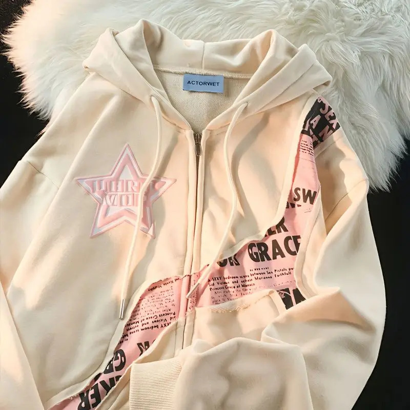 Letter Print Sweatshirts Gothic Streetwear Vintage Loose Patchwork Tops Coats Zip Up Hoodies Women Harajuku Hip Hop Top 240806