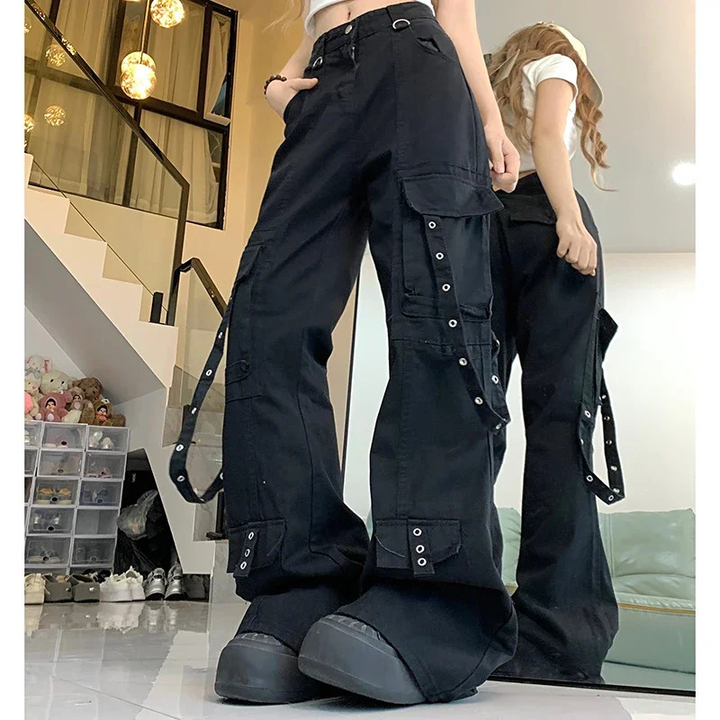 Woman High Waist American High Street Wide Leg Jeans Female Loose Oversized Cargo Pants Lady Black Denim Straight Leg Trousers 240806