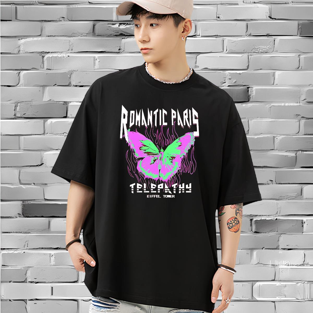 Fashion Casual Mens T Shirts 100% Cotton 230g Butterfly Casual Daily Wear Clothes Breathable Crew Neck Cool Design Men Tops Tees Black White