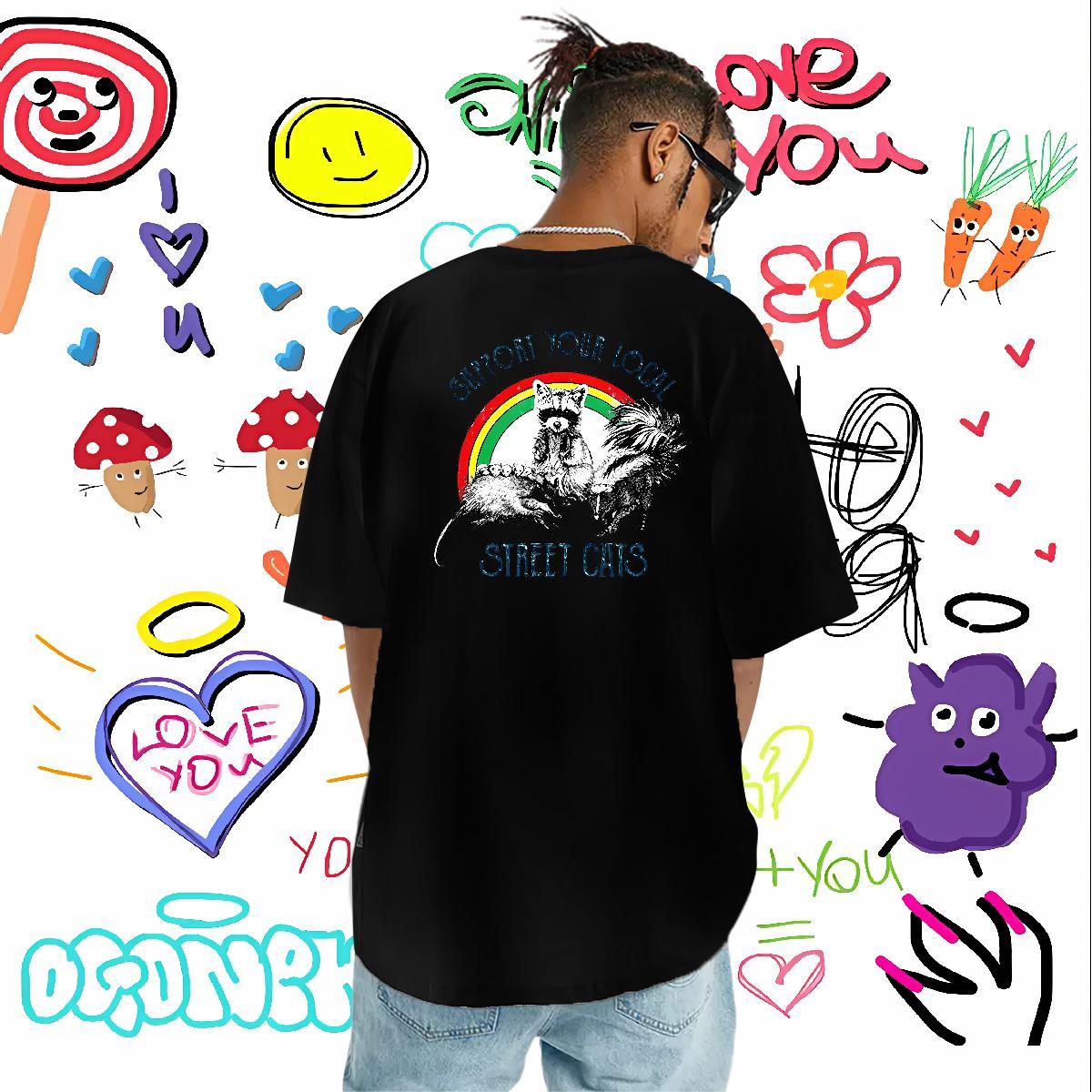 Fashion New T Shirts Men 230g 100% Cotton cat Daily Outfit Tees Shirts Crew Neck Designer Men Tops Tees Anime Print
