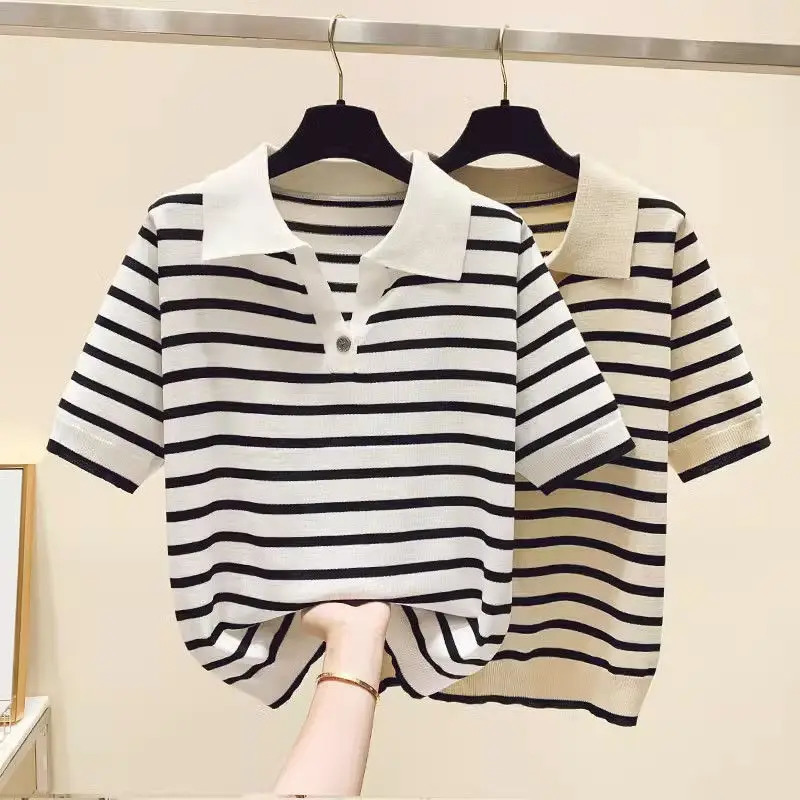 Women Clothing Fashion Polo-neck Striped Short Sleeve T-shirts Summer Vintage Button Sweet Knit Top Office Lady Loose Pullovers 240806