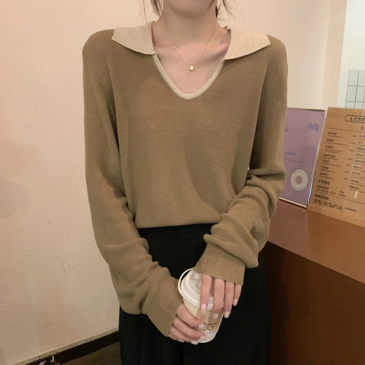 Womens autumn fashion polo neck compared to loose wool knitted long sleeved top Harajuku graphic T-shirt Y2k top 240827