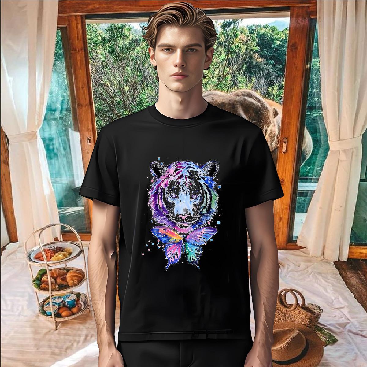 DIY Customized Men T Shirts 230g Cotton tiger Street Casual Top Tees Crew Neck Cool Men Clothes T-Shirt Anime