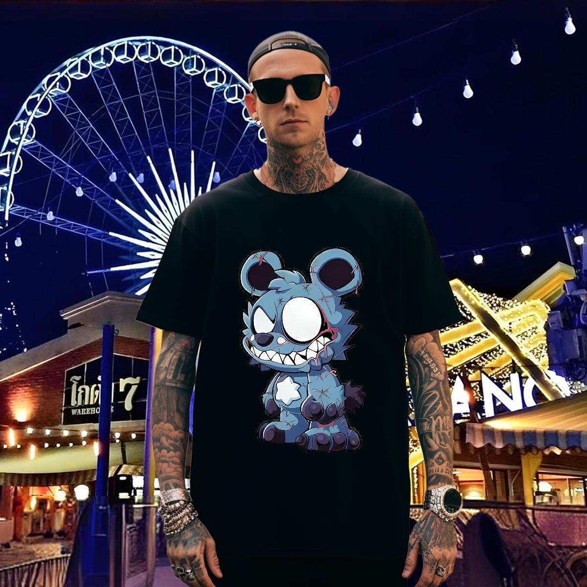 T Shirts Men 230g Pure Cotton bear Casual Breathable Short Sleeve Anime Men Tees Custom Loose Clothings