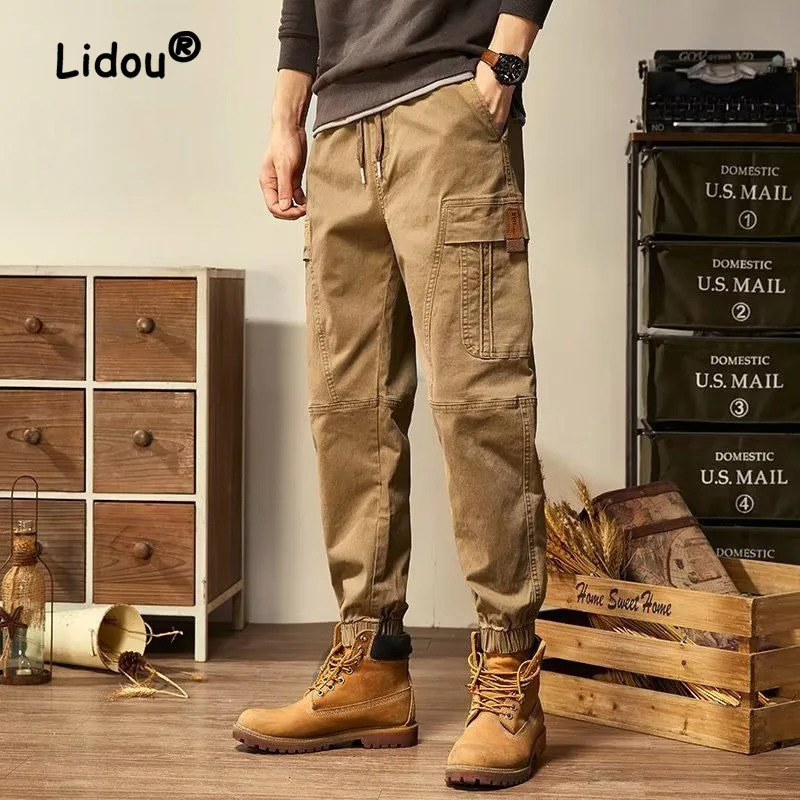 Fashion Solid Color Multiple Pockets Mens Cargo Pants Highquality Loose Streetwear Casual Straight Cylinder Ninth 240806