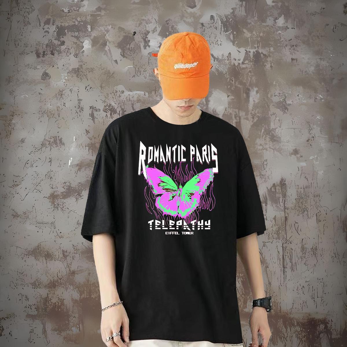 2024 Summer Man T Shirts 230g Cotton Butterfly Hip Hop Street Tops Shirt Breathable Short Sleeve TOP Quality Men Tees Custom Print Oversized