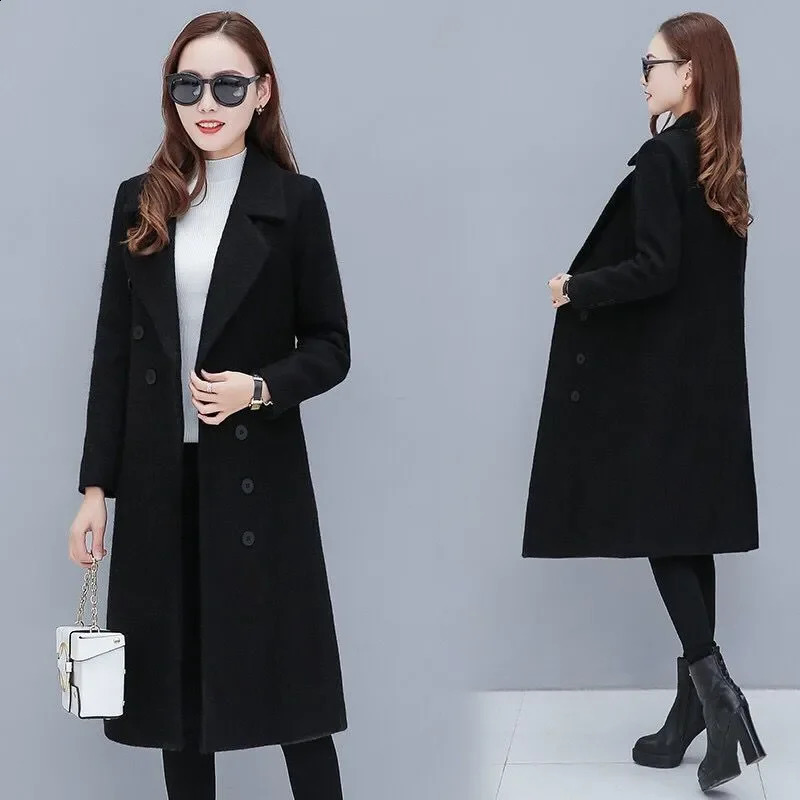 Female Woolen Coat Velvet Womens Double-Breasted Woolen Coat Spring And Autumn Woolen Coat Fashion Suit Collar ThickTrench 240822