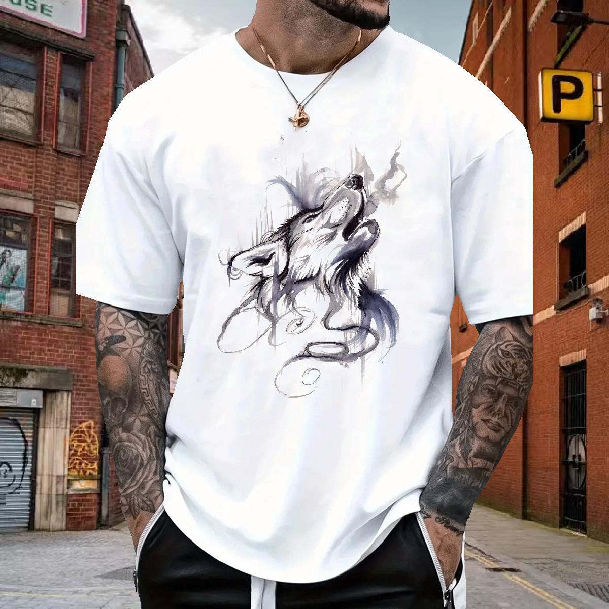 T-Shirts for Men 230g Pure Cotton wolf High Street Hip Hop Short Sleeve Soft Black White Men Tees Casual New High Quality Tshirts