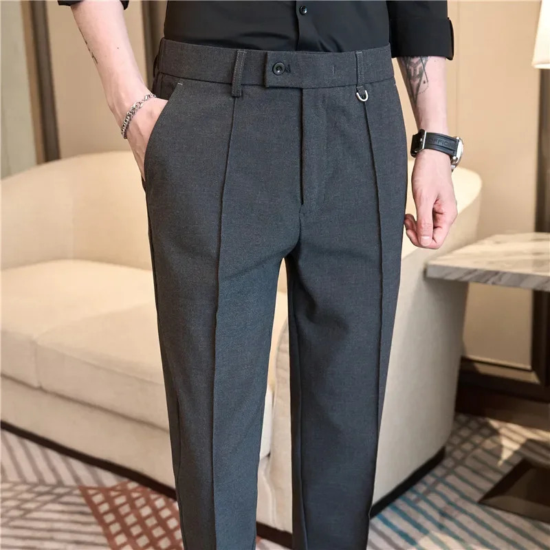 Men Suit Pants Trousers Spring Elastic Waist Solid Slim Fit Dress Office Business Casual High Quality Mens Clothing 240806