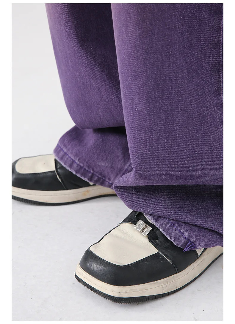 Korean Style Purple Jeans Men and Women High Street Trendy Wide-leg Jeans Y2k Cotton Wash Distressed Vintage Jeans Youth Unisex 240819