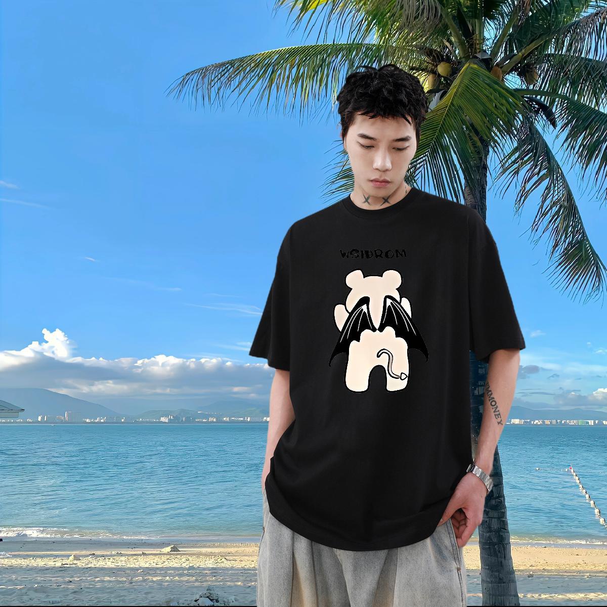 Classic Man T Shirts 230g Pure Cotton bear Daily Outfit Polos Short Sleeve O-Neck Loose Fit Tshirts DIY