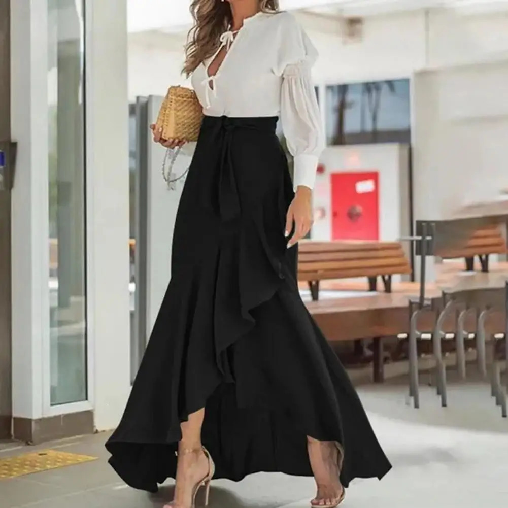 Women Summer Maxi Skirt Elegant Lace-up Ruffle Trim Maxi Skirt with Plaid Print Bow Tie Detail High Waist Irregular for Women 240806