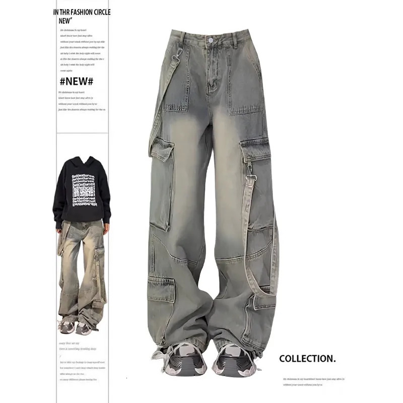 Women Vintage Blue Gothic Cargo Jeans Y2k Wide Leg Denim Pants Oversize 2000s High Waist Jeans Korean Baggy Trousers 90s Jeans 240806