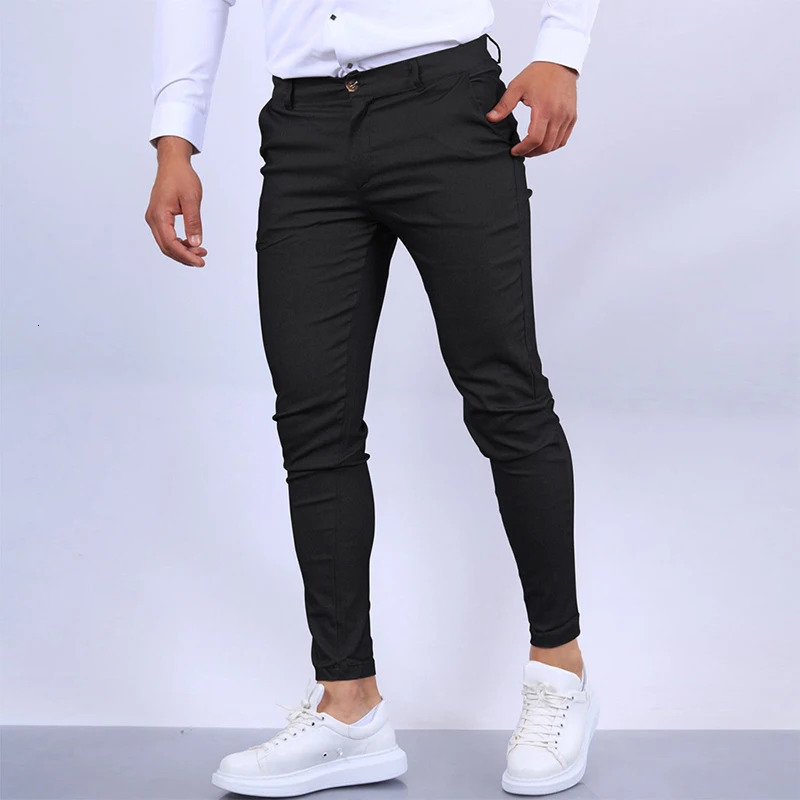 Spring Mens Casual Pants Streetwear Fashion Pure Color Mid Waist Slim Fit Pencil For Male Vintage Pleated Suit Trouser 240806