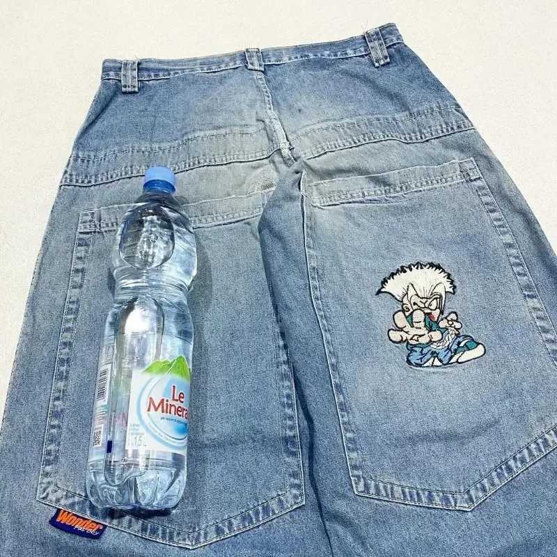 Y2K Street New Cartoon Characters Embroidered Light Blue Washed Loose Jeans Harajuku Gothic Hip Hop Skateboard Pants Mens WomensM240803