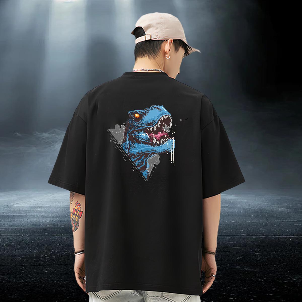 2024 Summer T Shirts Men 230g Cotton dinosaur Casual Tee Shirt Crew Neck Loose Mens Tshirts DIY