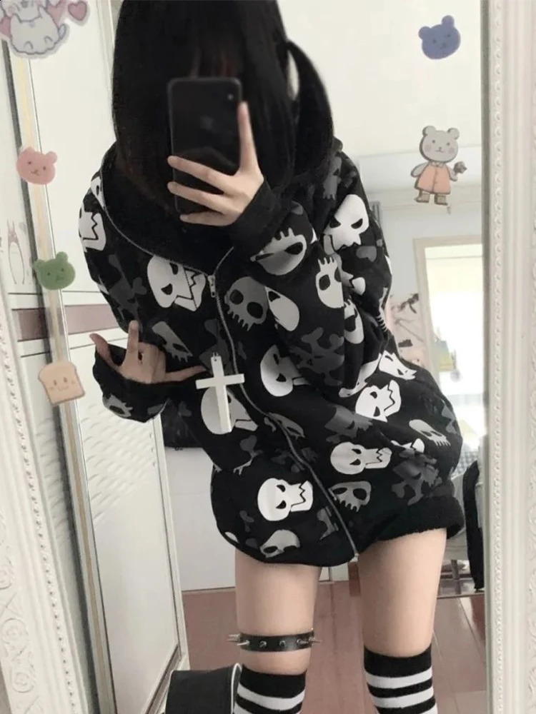 AltGoth Cyberpunk Y2k Sweatshirt Women Mall Goth Harajuku Skull Printed Long Sleeve Zipper Cardigan Hoodie Emo Alt Indie Clothes 260626 - view 5