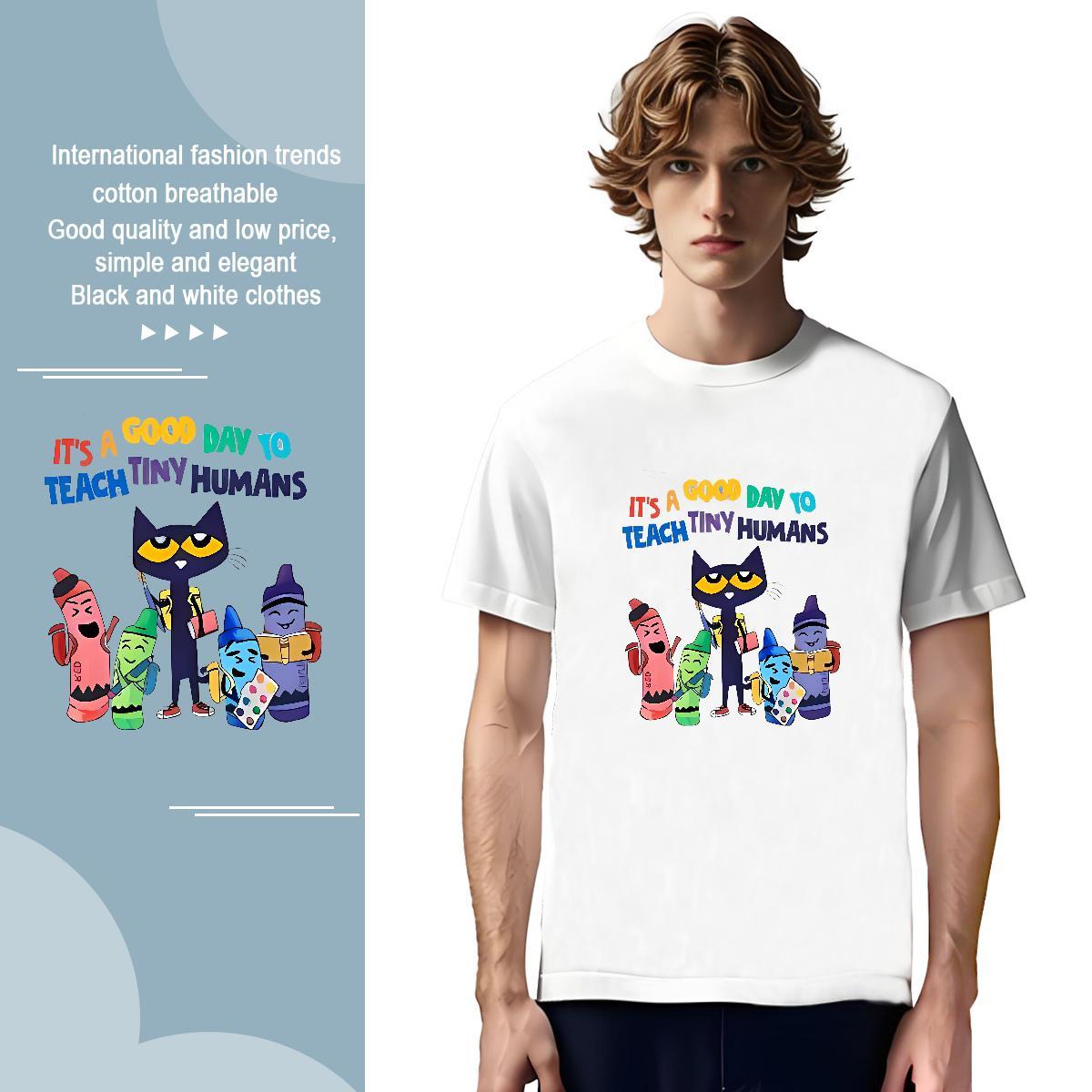 Man T Shirts 230g Pure Cotton cat Outdoor Breathable Short Sleeve DIY Logo Oversized Tshirt for Man Woman Casual New TOP Quality Tops Shirt