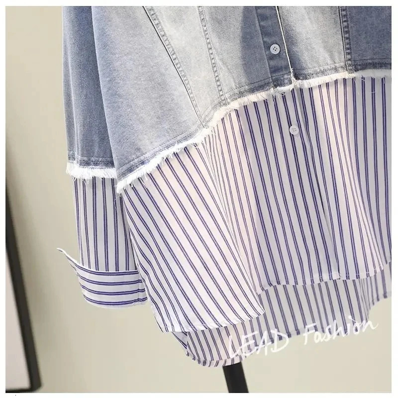Blue Striped Denim Patchwork High Street Long Sleeve Polo-Neck Womens Blouse Shirt Korean Fashion Female Clothing Tops Spring 240806