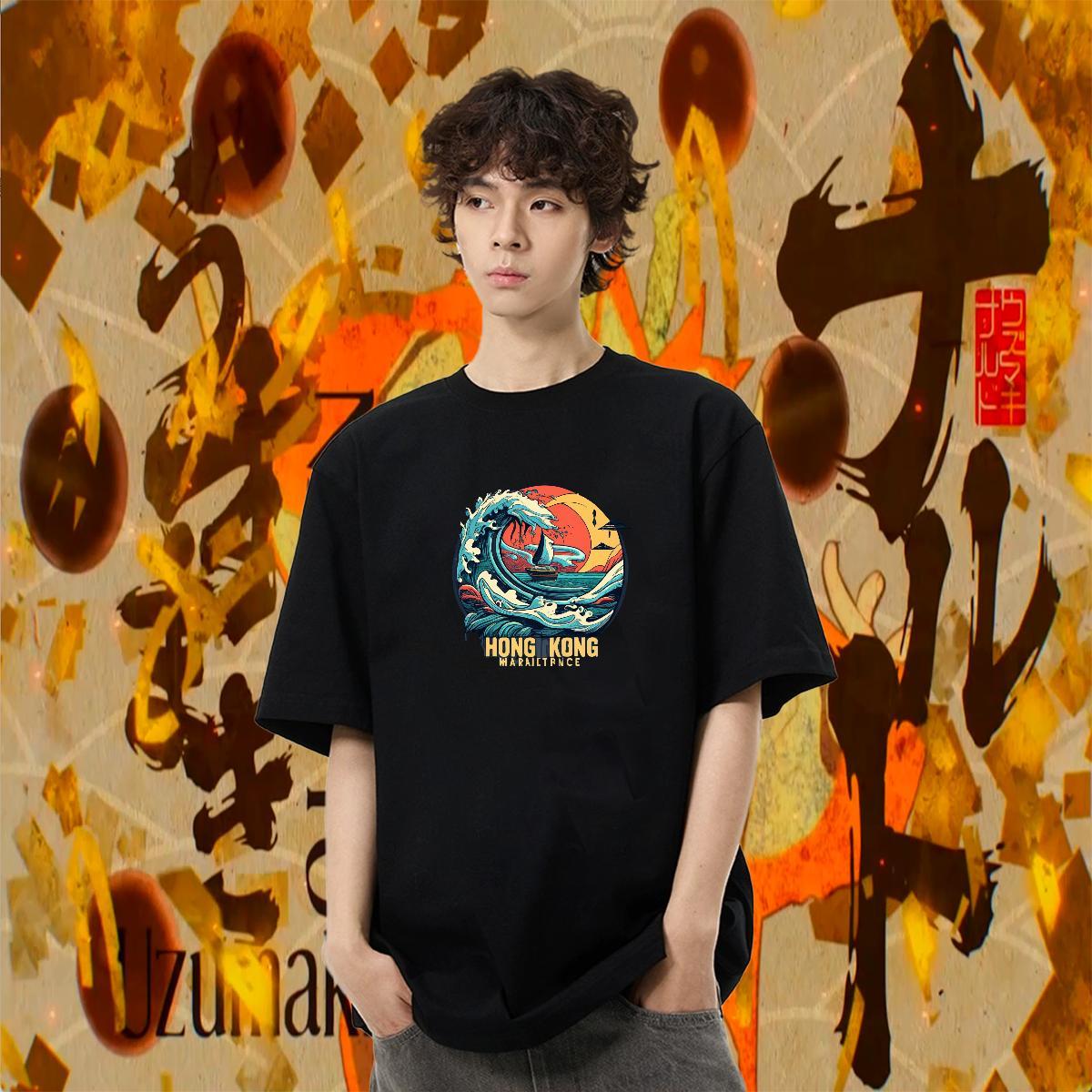 Free Shipping Couples T Shirts 100% Cotton 230g Hip Hop sea wave Plus Size Custom Pure Cotton Classic Men T Shirts Tee Shirt