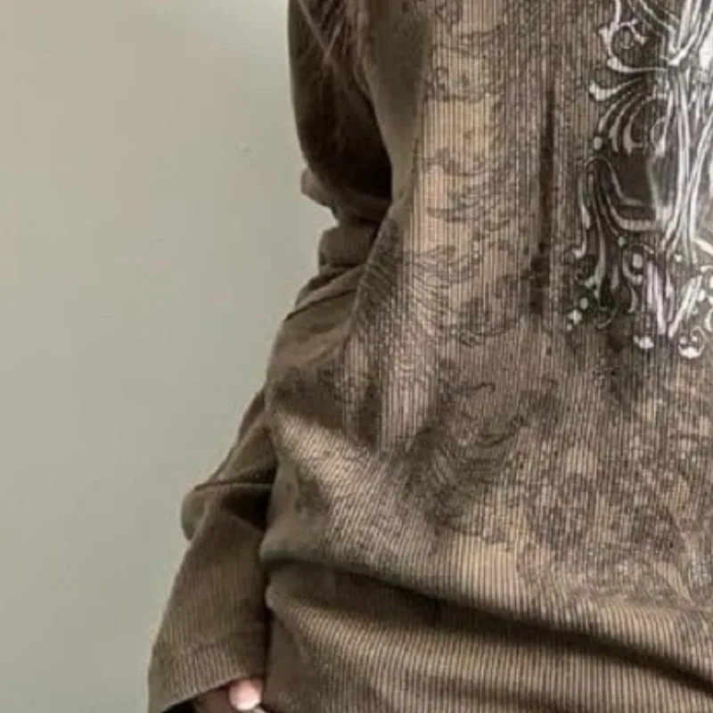 Retro Goth Pattern Long-sleeved T-shirt High Street Dark Punk Y2k 90s Harajuku O-Neck Loose Tops women Clothes vintage summer 240806
