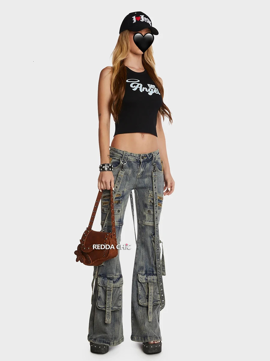 ReddaChic Low Waist Cargo Pockets Flare Jeans Women Detachable Belt Vintage Blue Distressed Bootcut Pants Grunge Y2k Streetwear 240806