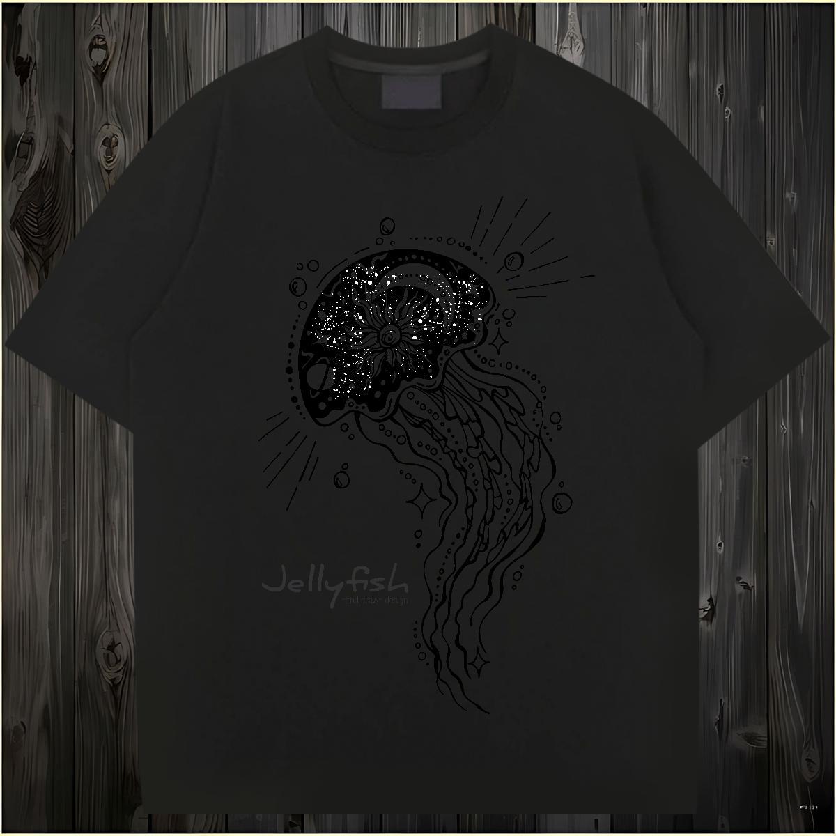 2024 New T-Shirts for Men 230g 100% Cotton jellyfish Hip Hop Clothings Pure Cotton Cool Men Tops Tees Black White