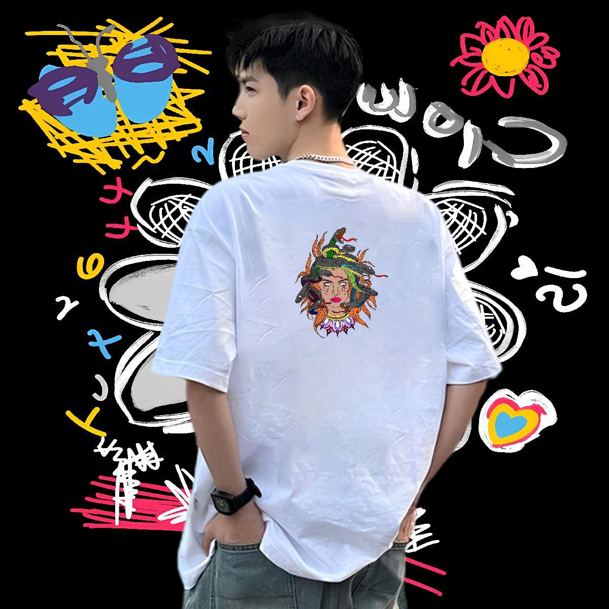 Brand T-Shirts for Men 230g Pure Cotton snake Anime Printing Street Top Tees Breathable Crew Neck Loose Fit Mens Tshirts Plus Size Custom