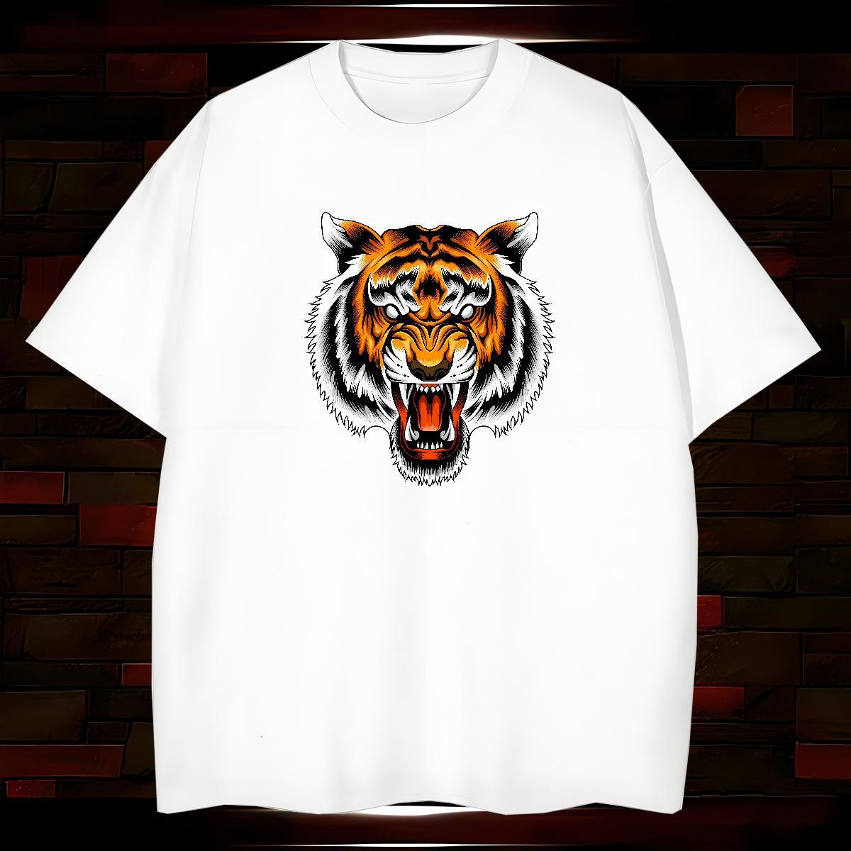 T Shirts Men 230g 100% Cotton tiger Hip Hop Crew Neck Oversized Men Tops Tees Customized Loose Tops Shirt