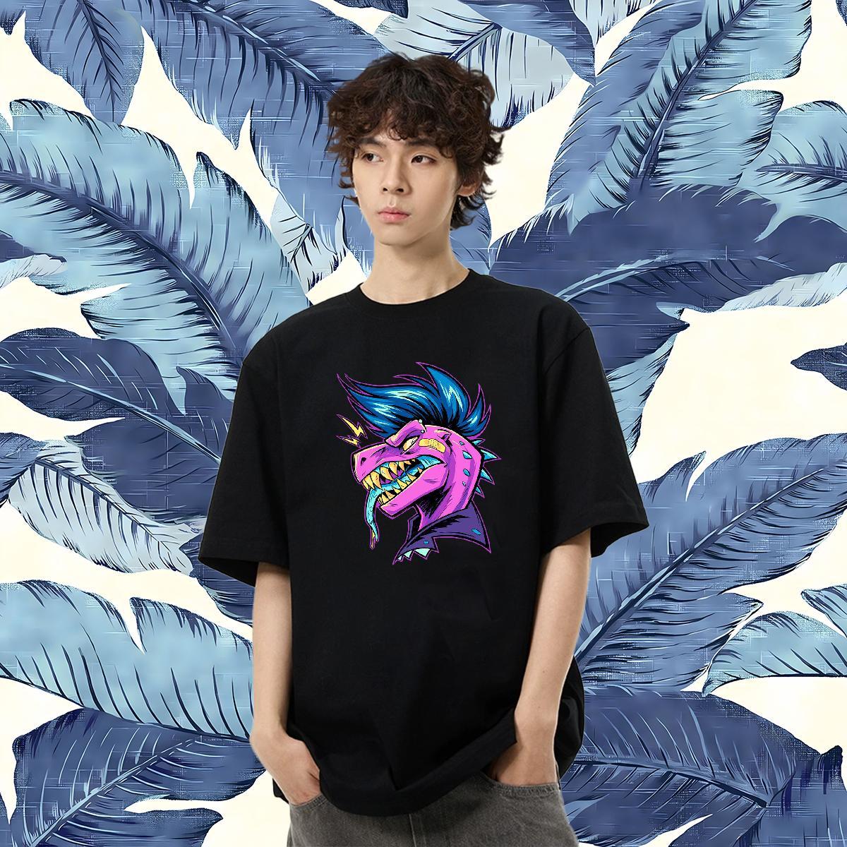 Classic Men T Shirts 230g Cotton dinosaur Sport Tops Round Neck Short Sleeve Loose Fit Tshirts Floral Print