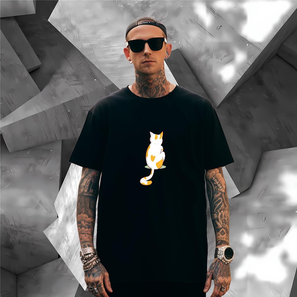 T Shirt For Man 230g Cotton cat Daily Outfit Breathable Crew Neck Cartoon Print Men Clothes T-Shirt Factory Direct Comfortable Tops