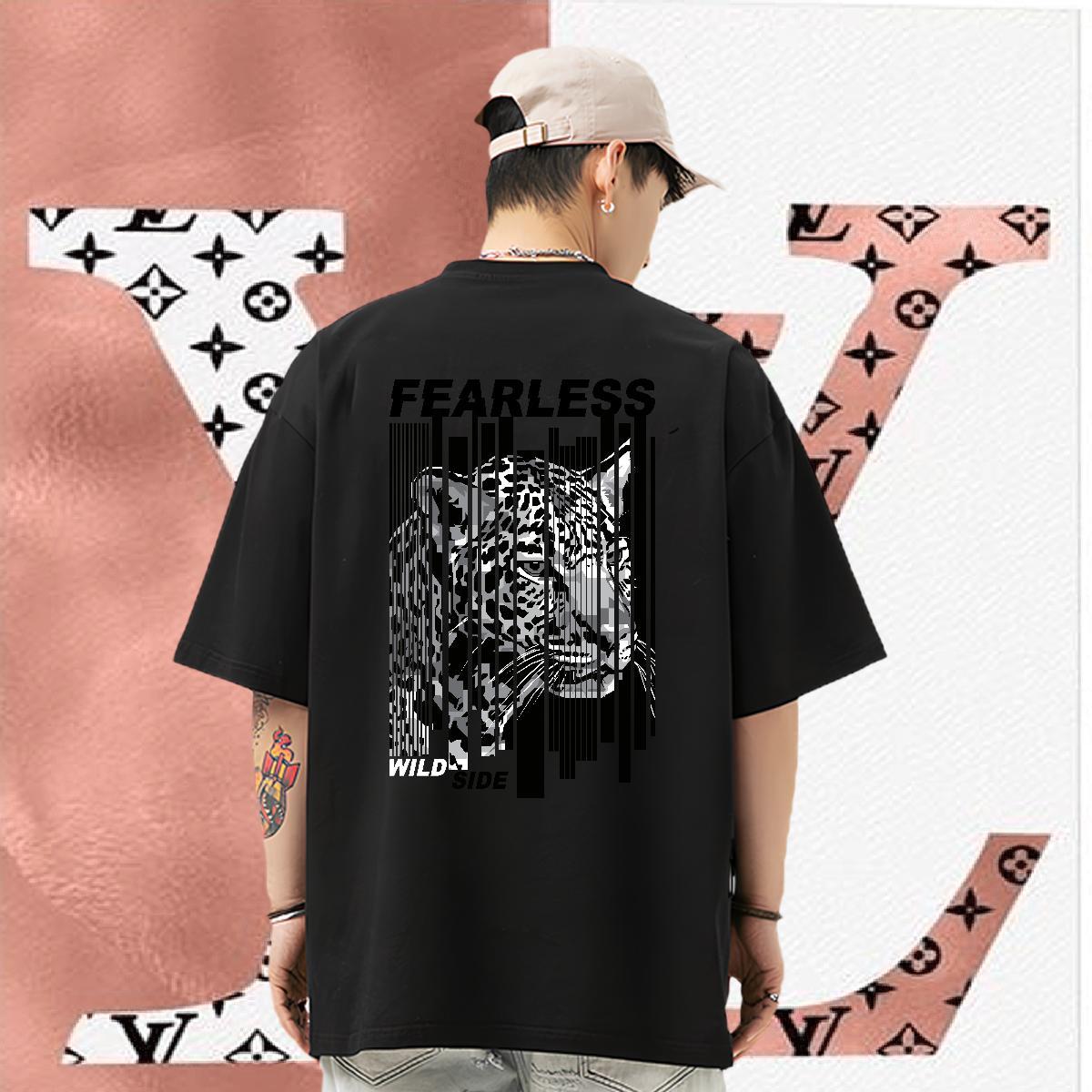 Fashion Casual T Shirt For Man 230g Pure Cotton leopard,letter,line Daily Wear Tops Breathable Loose Fit Men Clothes T-Shirt Oversized