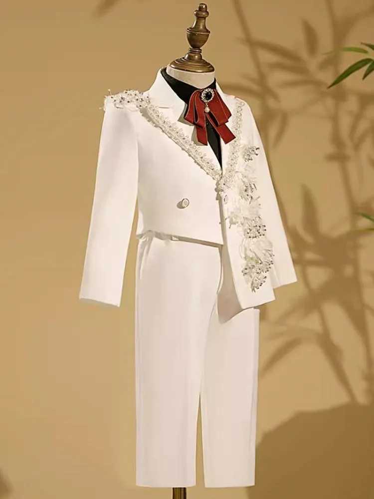 Suits 2024 New Childrens Host Performance Suit Beads Design Kids Wedding Birthday Party Evening Gown Boys Catwalk Blazer Sets A3382