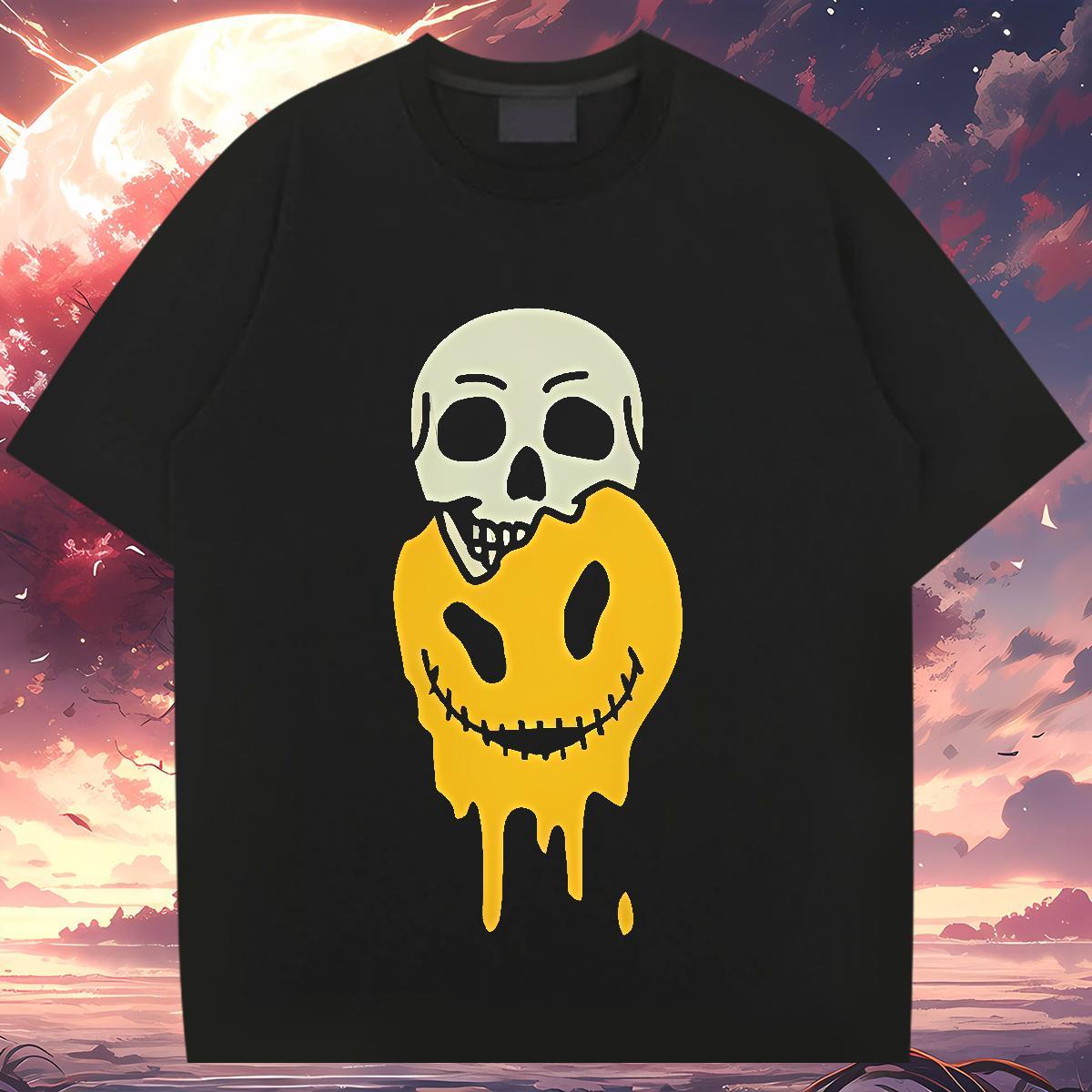 T Shirts Men 100% Cotton 230g smiling face Daily Outfit Breathable Crew Neck Custom Cartoon Men Tees DIY Cool Clothes