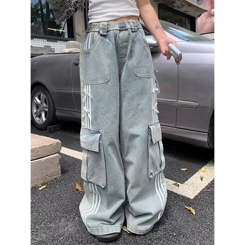 Womens Bow Y2k Cargo Jeans Harajuku Baggy Denim Trousers Aesthetic Jean Pants Vintage Japanese 2000s Style Trashy Clothes 240806