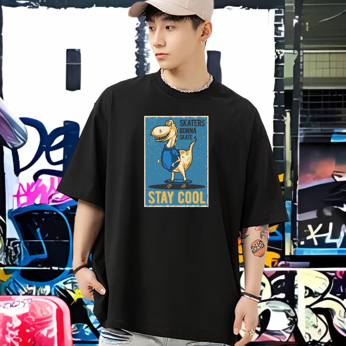 Factory Direct Mens T Shirts 230g Cotton dinosaur Street wear Hip Hop Tops Tees Pure Cotton Loose Fit Men Tees DIY Printed