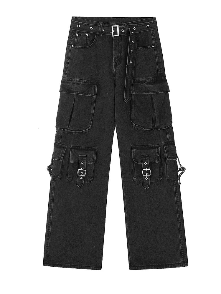 Pure Color Classic High Waist Street Female Wide Leg Pants American Fashion Multiple Pockets Simple Casual Loose Women Jeans 240806