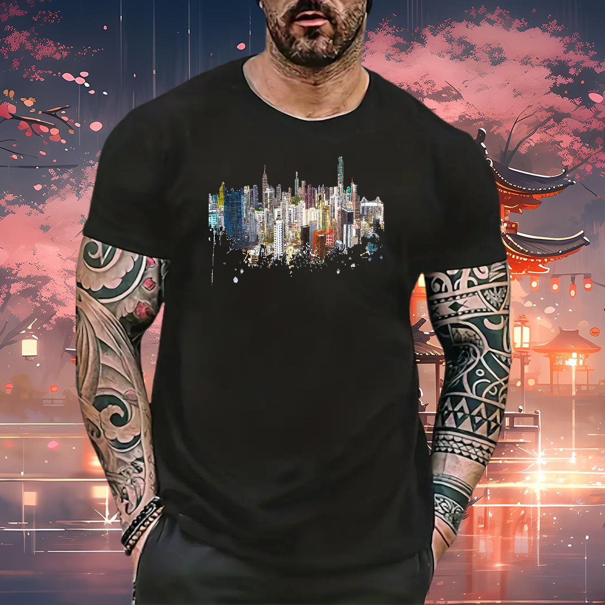 Fashion Casual T Shirt For Man 100% Cotton 230g Tall buildings Hip Hop Street Tshirts Round Neck Short Sleeve Free Shipping Men Tops Tees Custom Anime