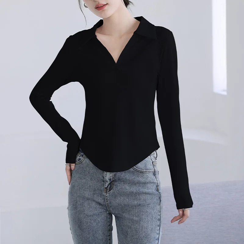 autumn tight fitting long sleeved T-shirt for women cotton lapel polo neck Y2k top for women ultra-thin polo shirt 240827