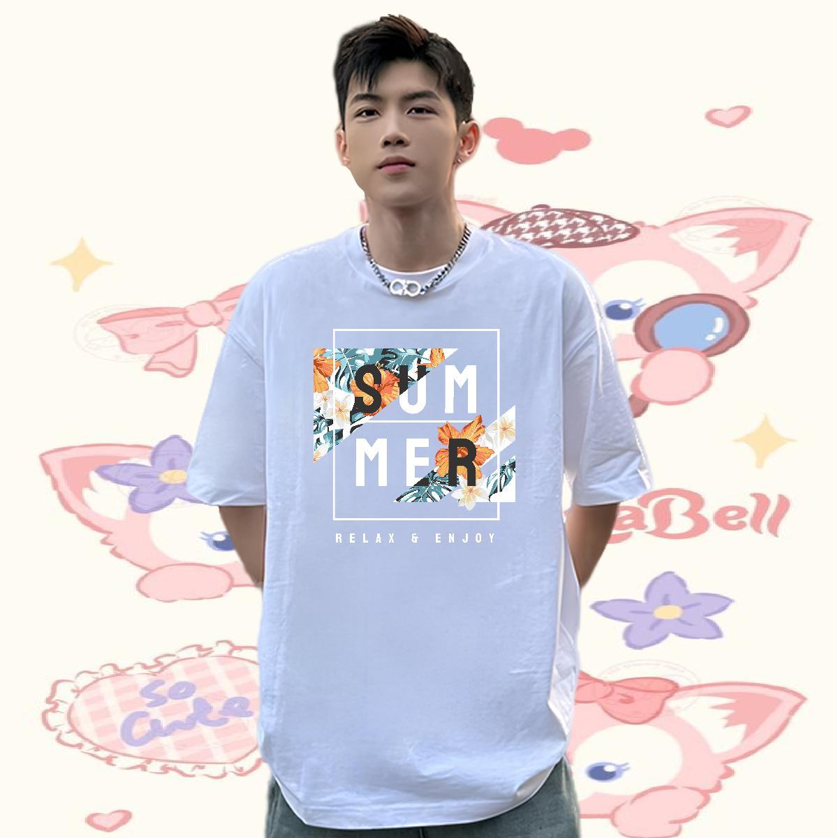 DIY Customized T-Shirts for Men 100% Cotton 230g flower High Street Hip Hop Tops Shirt Crew Neck Breathable Soft Men Tees Floral Print